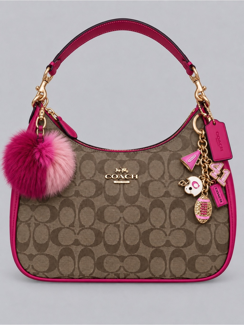 Coach Signature Teri Canvas Shoulder Hobo Bag in Khaki Cerise